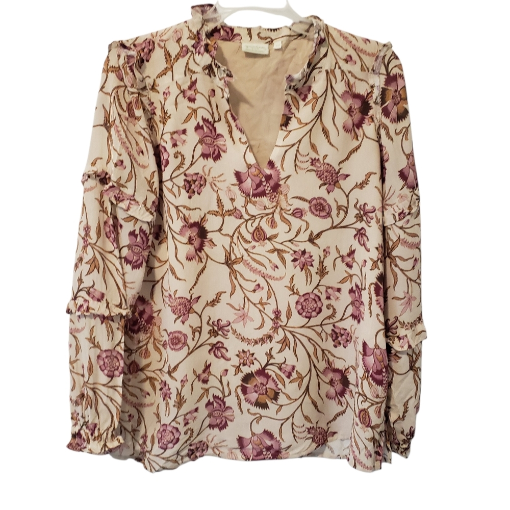 Spartina 449 Womens Floral Boho Peasant Top Ruffle Long Hippie Festival Size XS